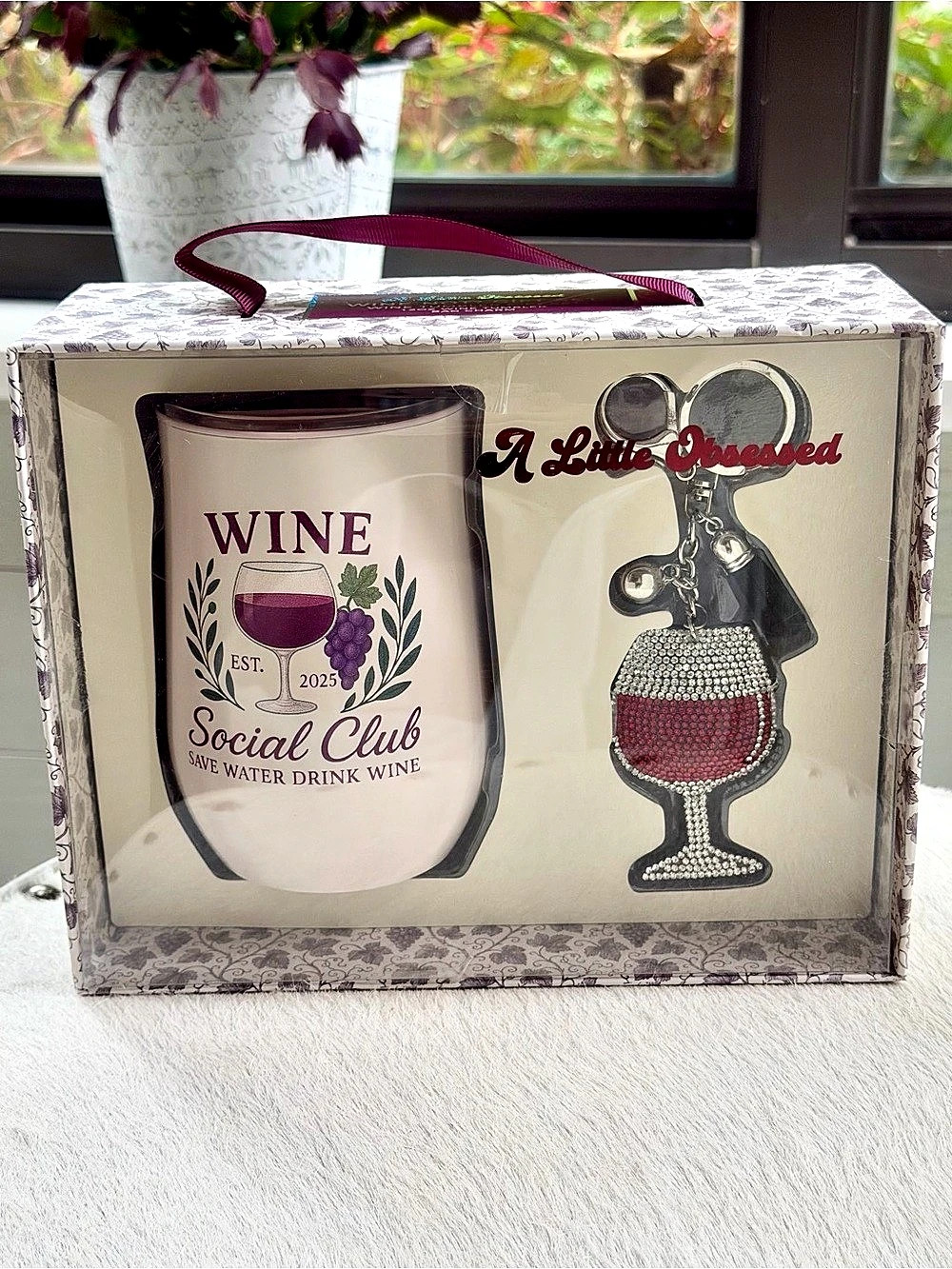 A Little Obsessed Wine Social Club 12oz Tumbler + Rhinestone Bag Charm Gift Set